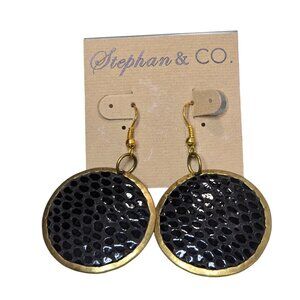 Stephan & Co Women's Brass Black Leather Boho Hook Earrings NWT